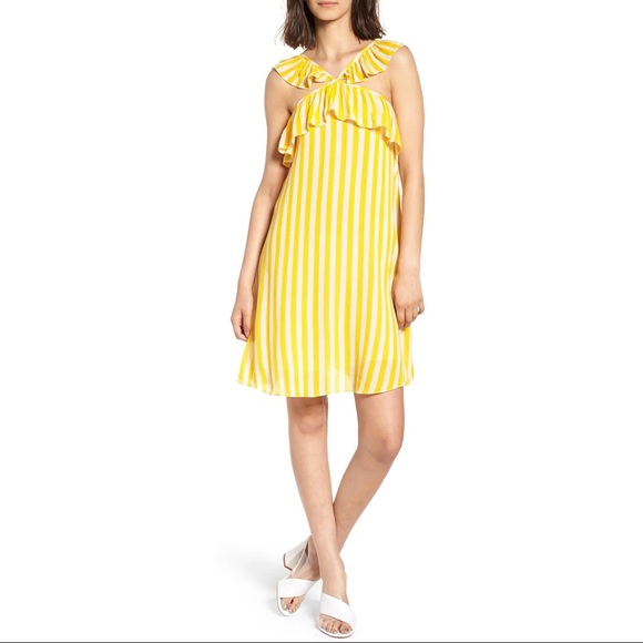 REBECCA MINKOFF YELLOW STRIPED RUFFLE MINI DRESS - Picture 12 of 12